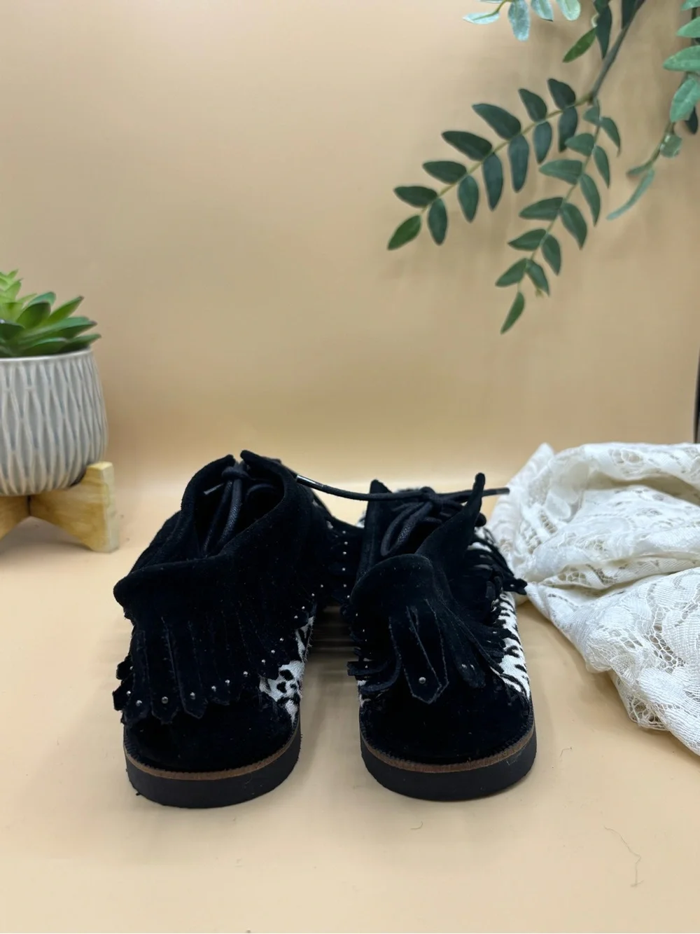 Tory Burch Fringe Studded Cow Print Moccasins